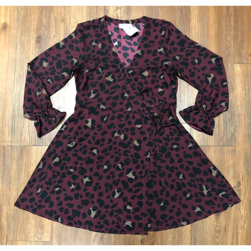 Loft Burgundy Leopard Print Tie Wrap Dress - Size 4P